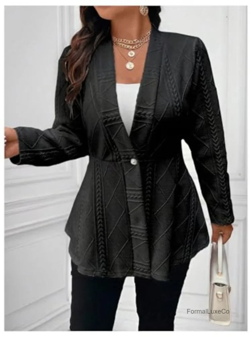 Plus Size Textured Button Down Blazer Ruffle Hem Jacket